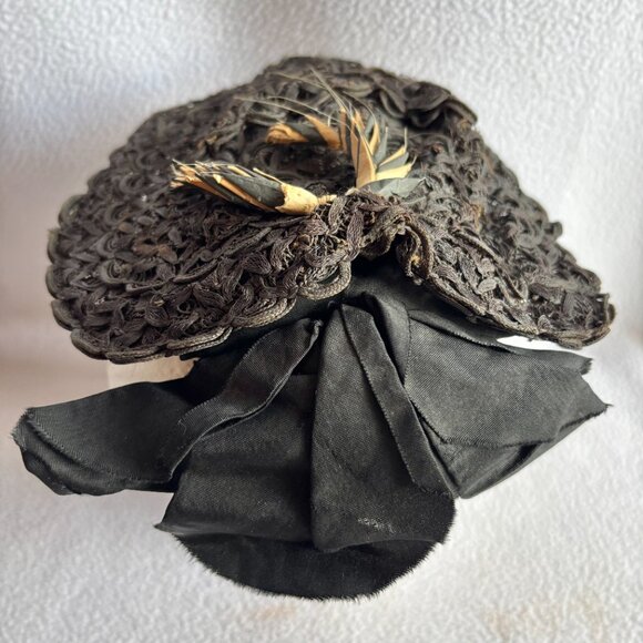 Antique Victorian Black Woven Ribbon Bonnet with Wheat Accents main image 11